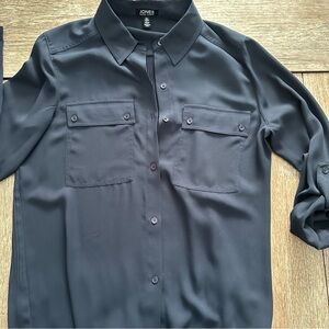 Jones New York Button-Up Top with pleated back & rollable long sleeves, Size Sm